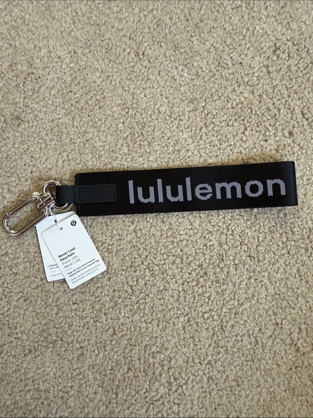 NWT Lululemon athletica Black Keychain Wristlet with Gray Logo Never Lost